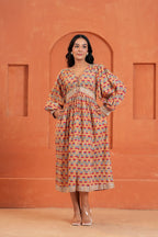 Cecilia Cotton Floral Hand Block Print Midi Dress
