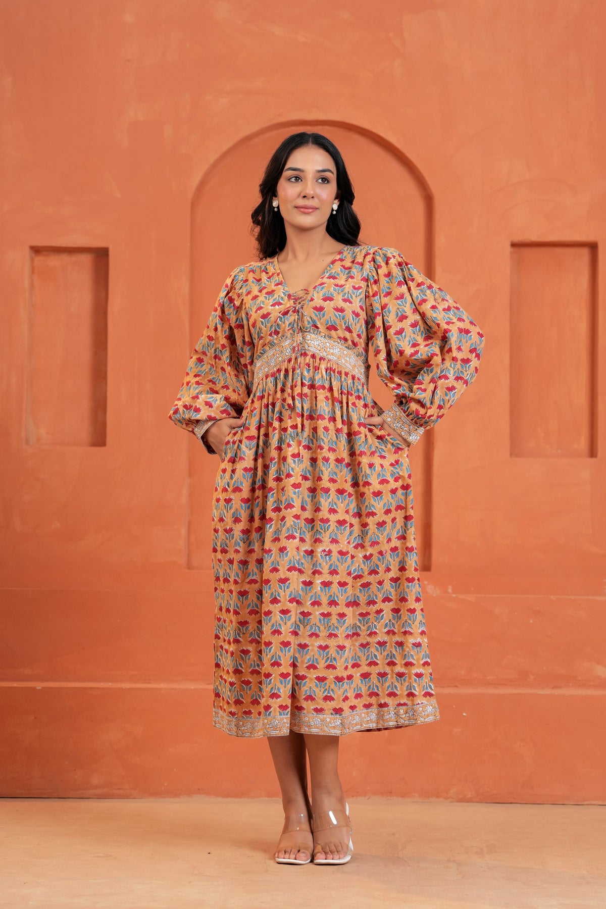 Cecilia Cotton Floral Hand Block Print Midi Dress