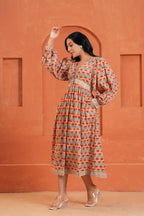 Cecilia Cotton Floral Hand Block Print Midi Dress