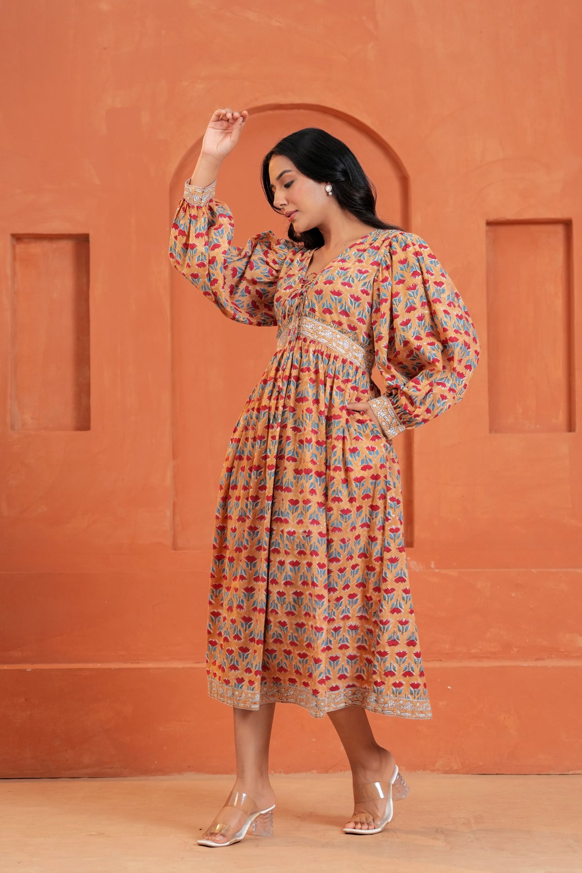 Cecilia Cotton Floral Hand Block Print Midi Dress