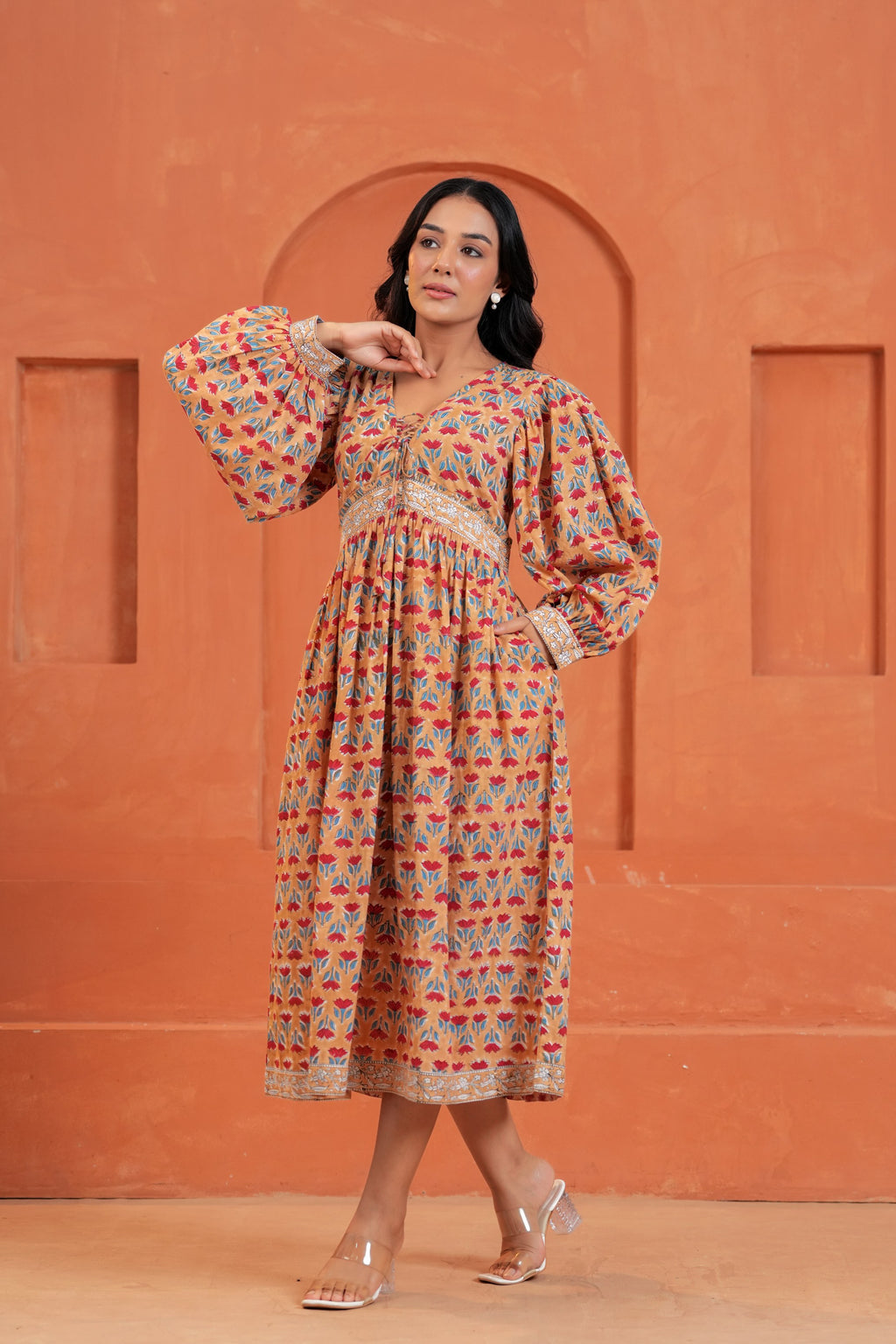 Cecilia Cotton Floral Hand Block Print Midi Dress