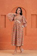Cecilia Cotton Floral Hand Block Print Midi Dress