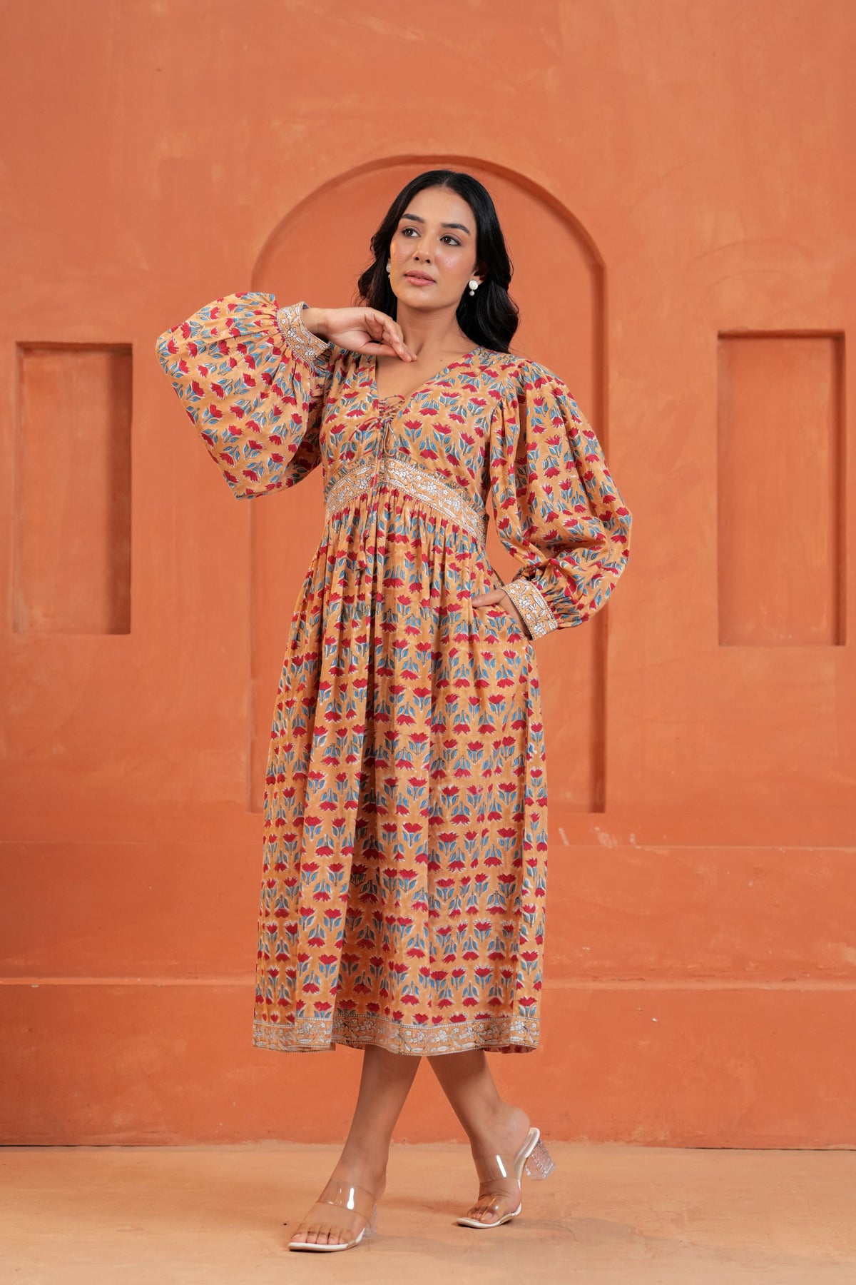 Cecilia Cotton Floral Hand Block Print Midi Dress