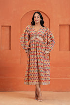 Cecilia Cotton Floral Hand Block Print Midi Dress