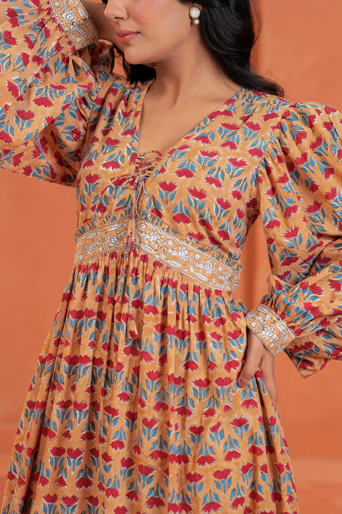 Cecilia Cotton Floral Hand Block Print Midi Dress