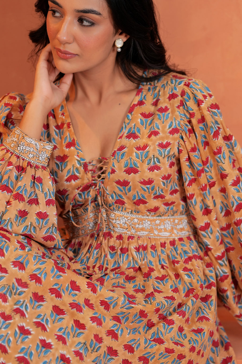 Cecilia Cotton Floral Hand Block Print Midi Dress