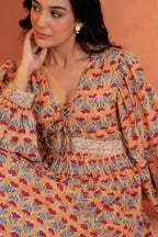 Cecilia Cotton Floral Hand Block Print Midi Dress