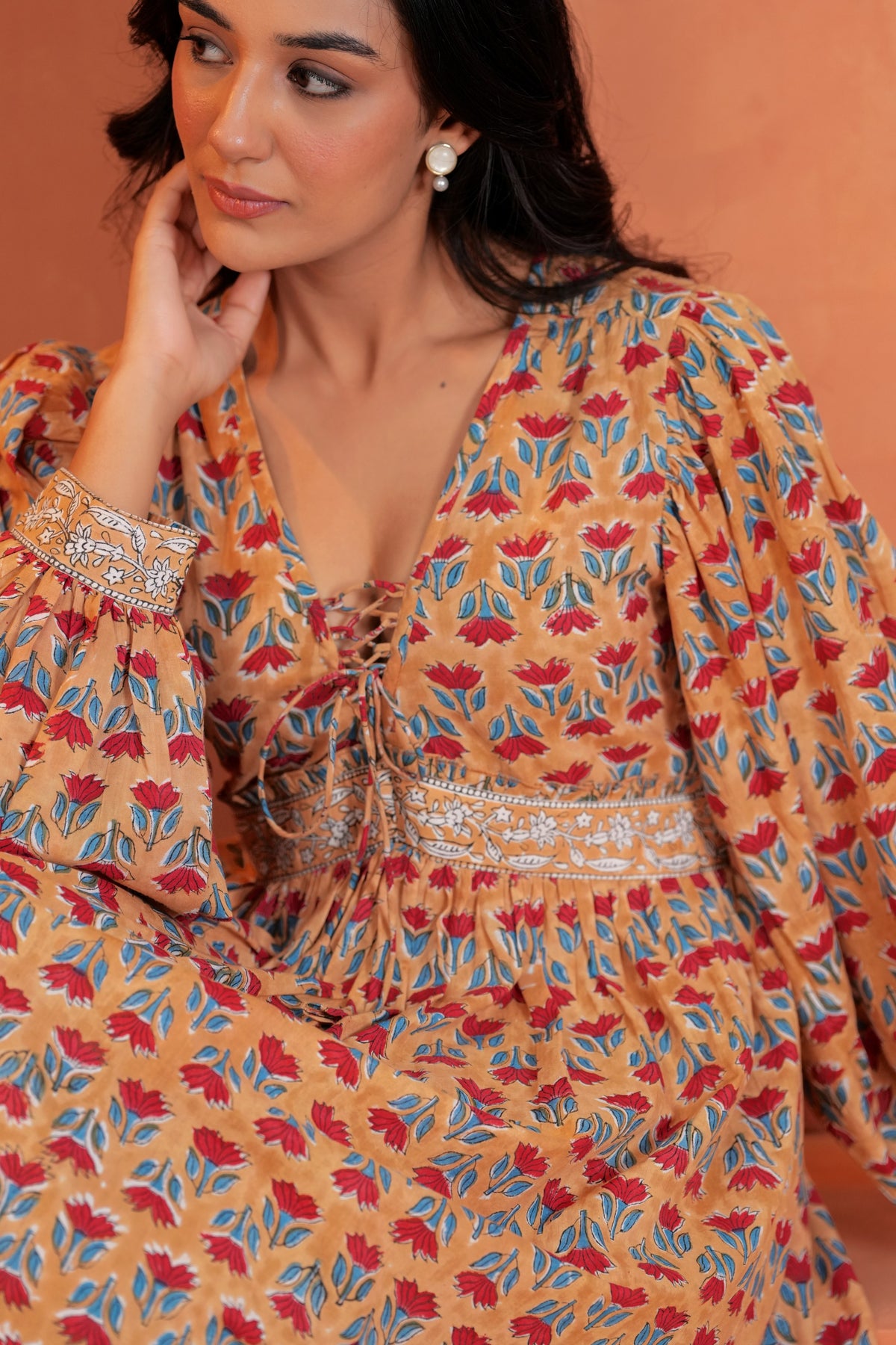 Cecilia Cotton Floral Hand Block Print Midi Dress