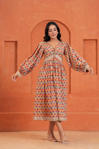 Cecilia Cotton Floral Hand Block Print Midi Dress