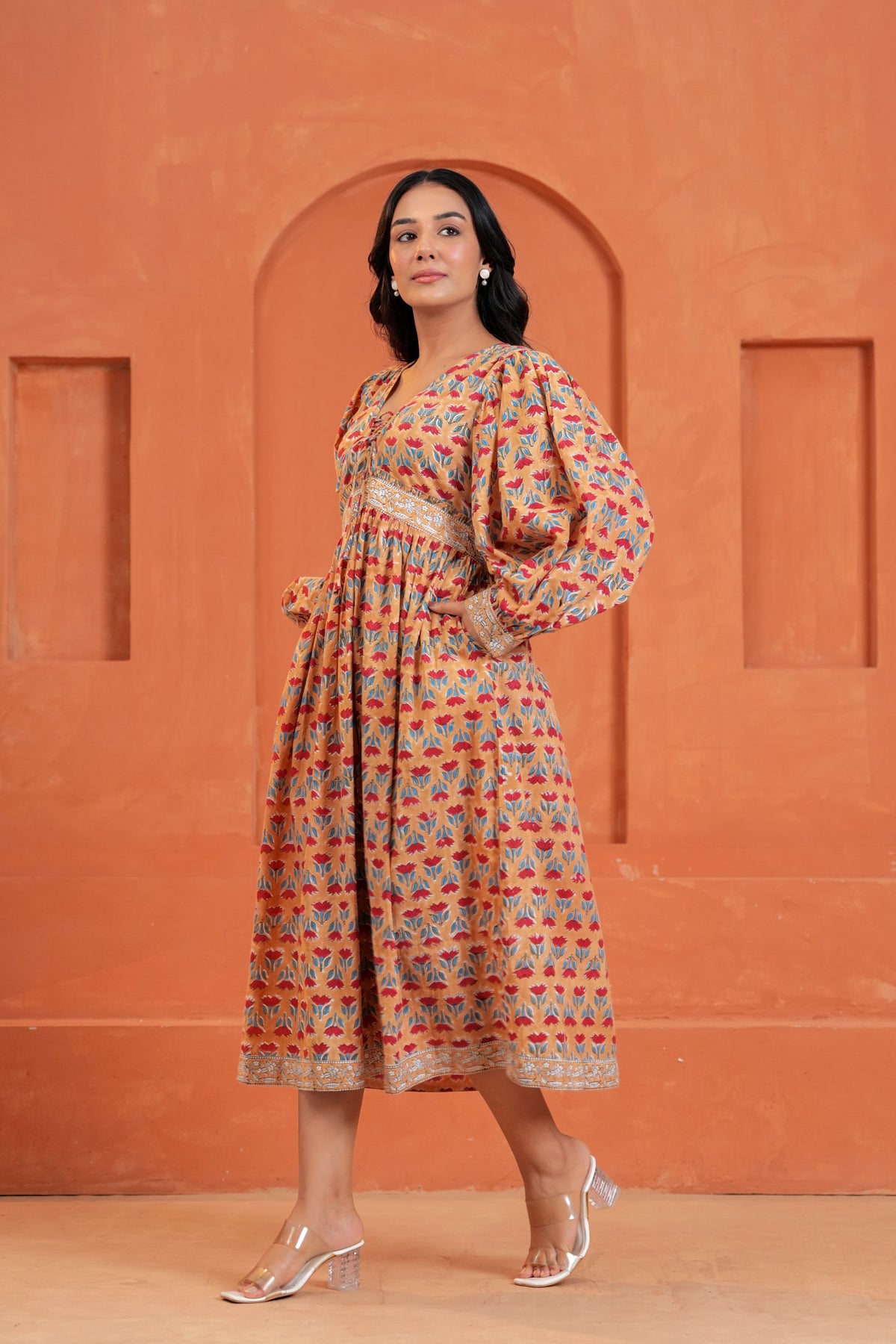 Cecilia Cotton Floral Hand Block Print Midi Dress