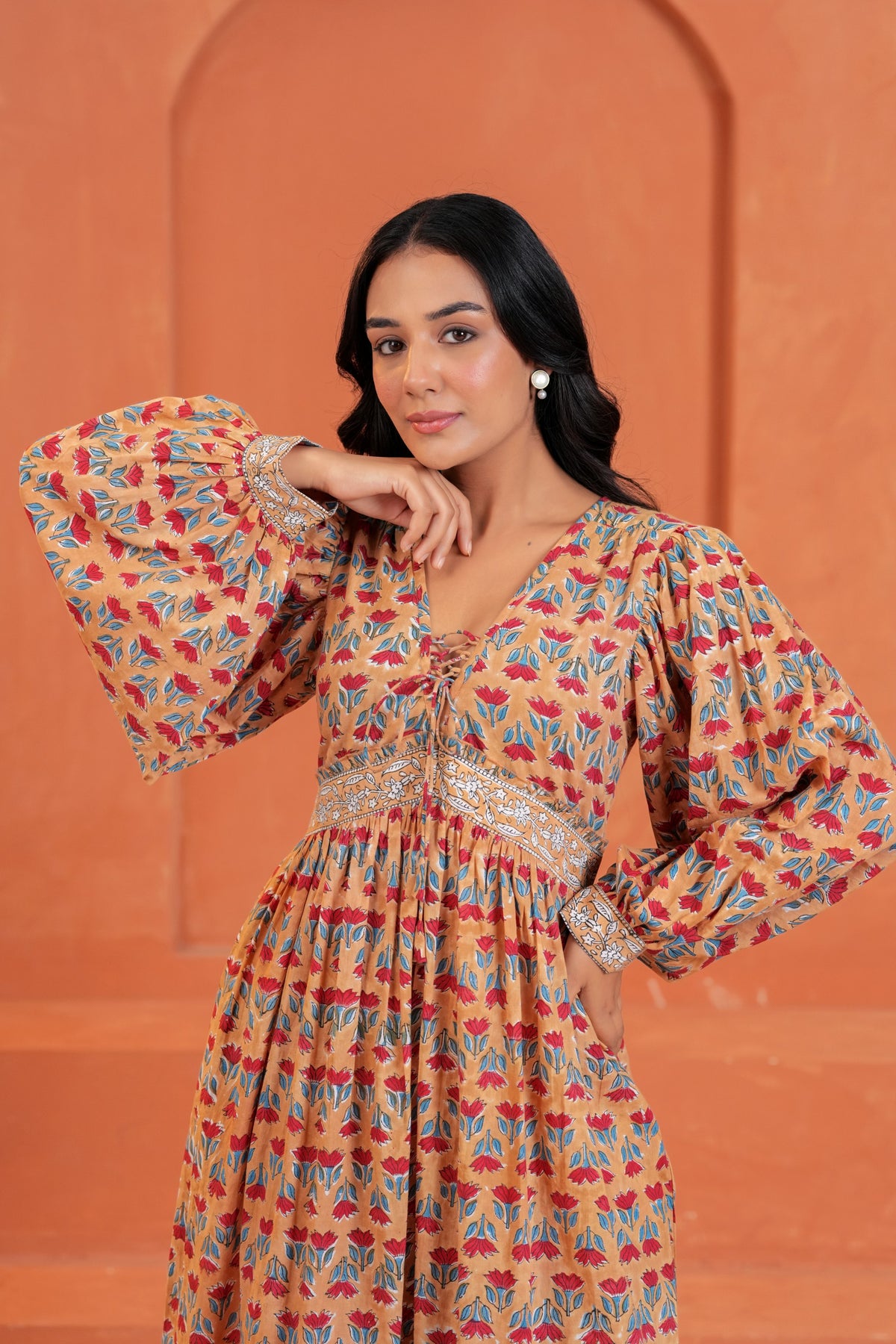 Cecilia Cotton Floral Hand Block Print Midi Dress