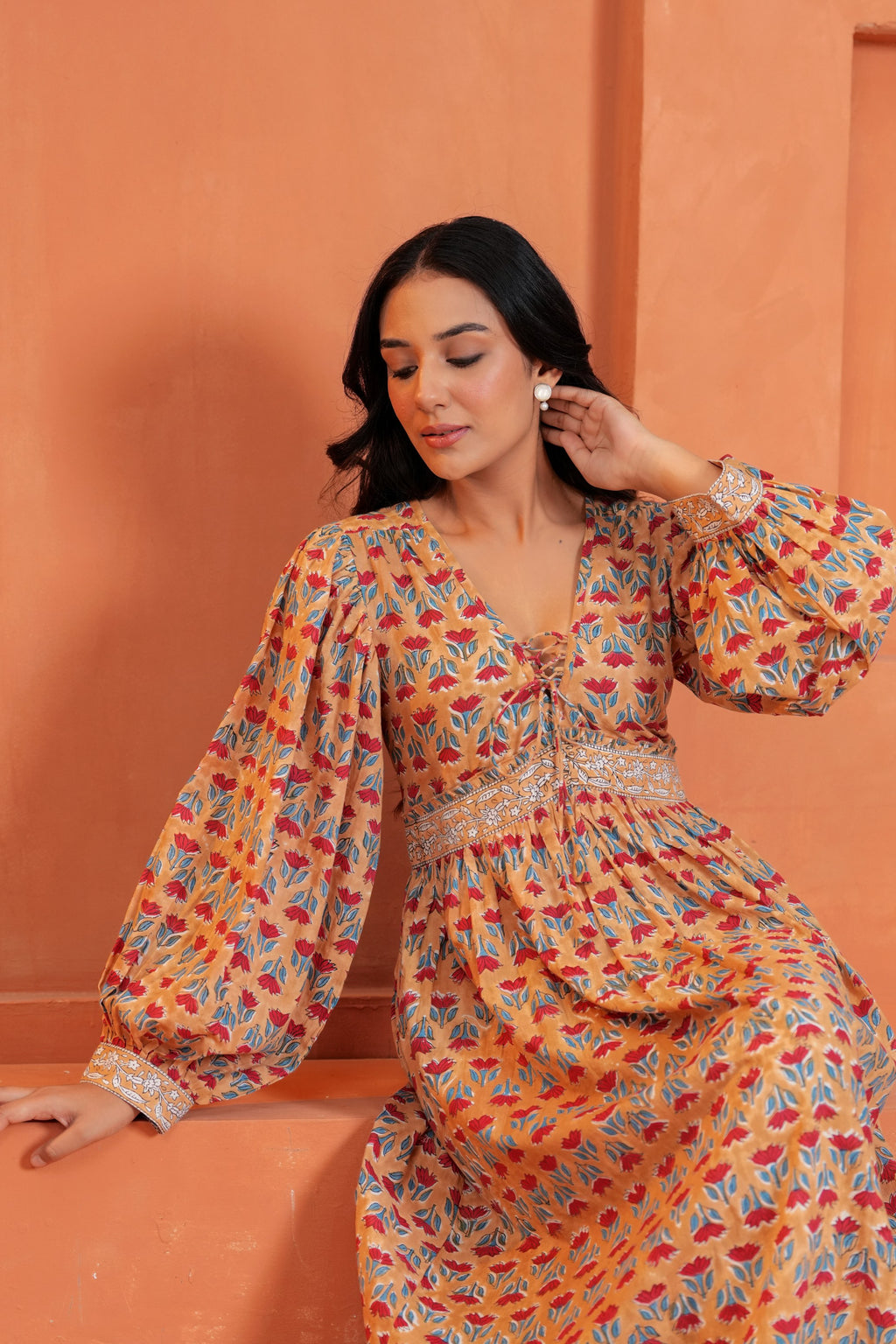 Cecilia Cotton Floral Hand Block Print Midi Dress