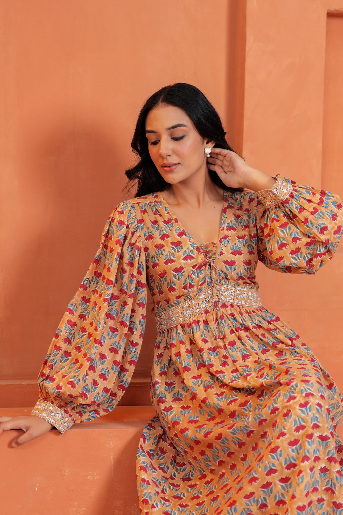 Cecilia Cotton Floral Hand Block Print Midi Dress