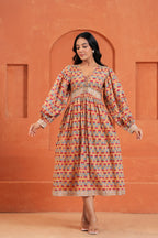 Cecilia Cotton Floral Hand Block Print Midi Dress