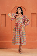 Cecilia Cotton Floral Hand Block Print Midi Dress