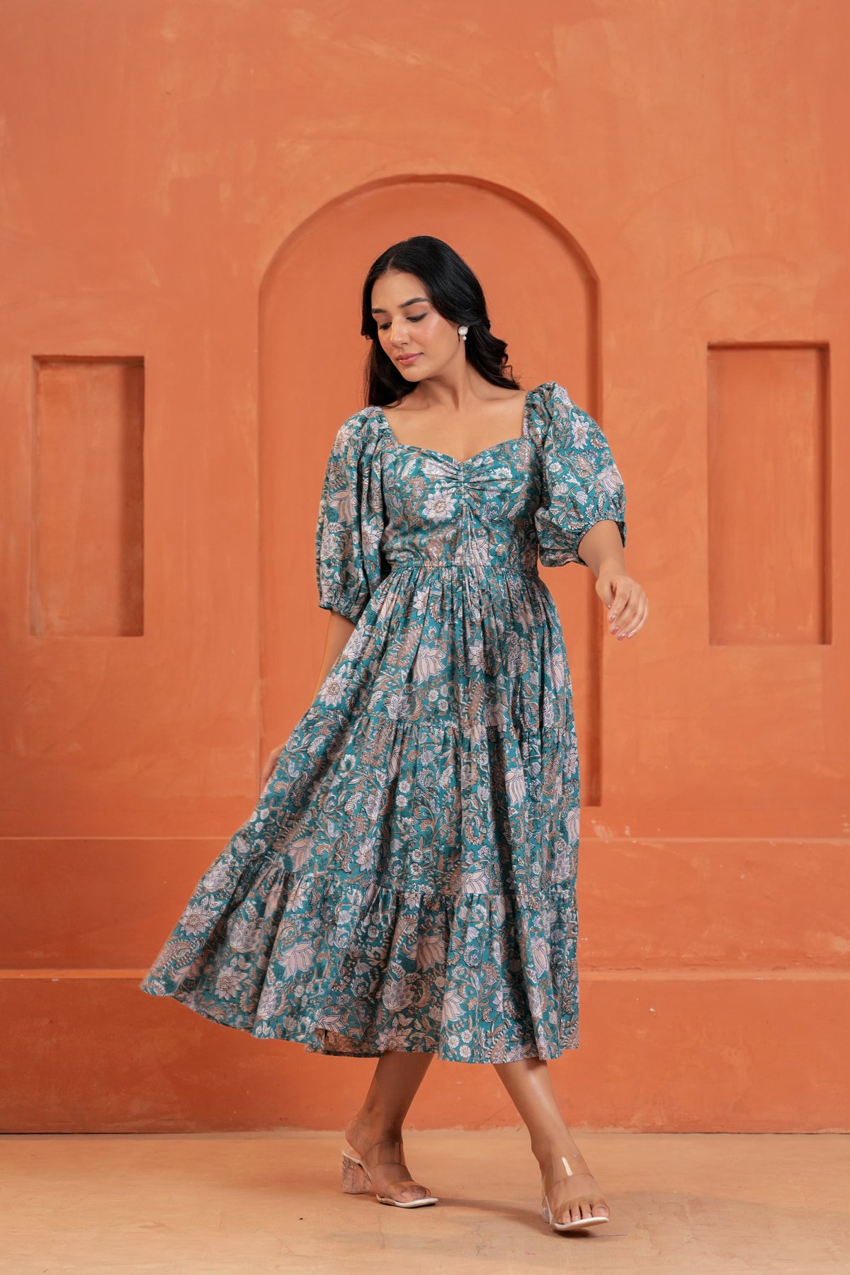 Tara Cotton Floral Hand Block Print Square Neck Midi Dress