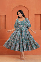 Tara Cotton Floral Hand Block Print Square Neck Midi Dress