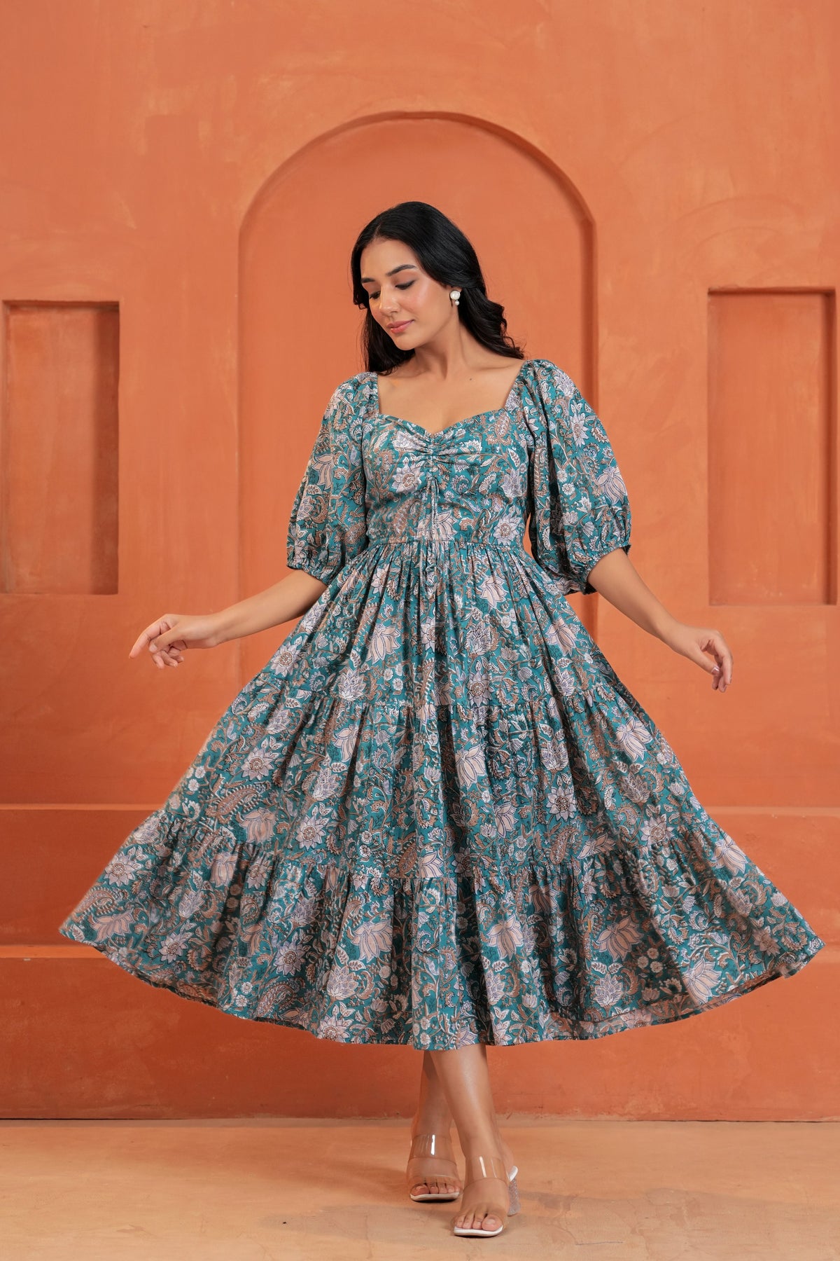 Tara Cotton Floral Hand Block Print Square Neck Midi Dress