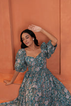 Tara Cotton Floral Hand Block Print Square Neck Midi Dress