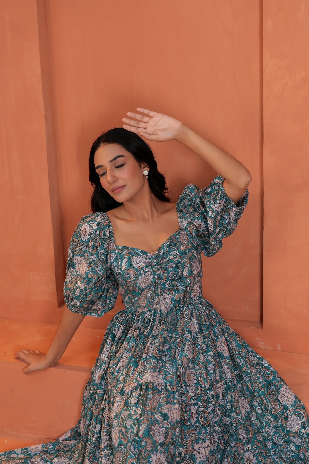 Tara Cotton Floral Hand Block Print Square Neck Midi Dress