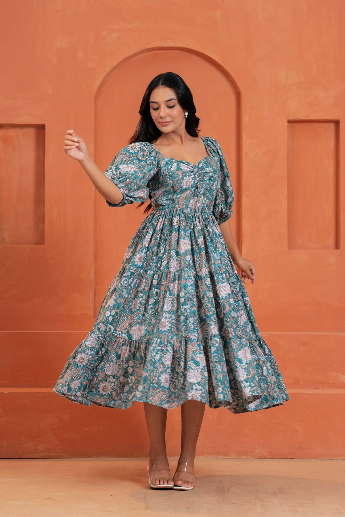 Tara Cotton Floral Hand Block Print Square Neck Midi Dress