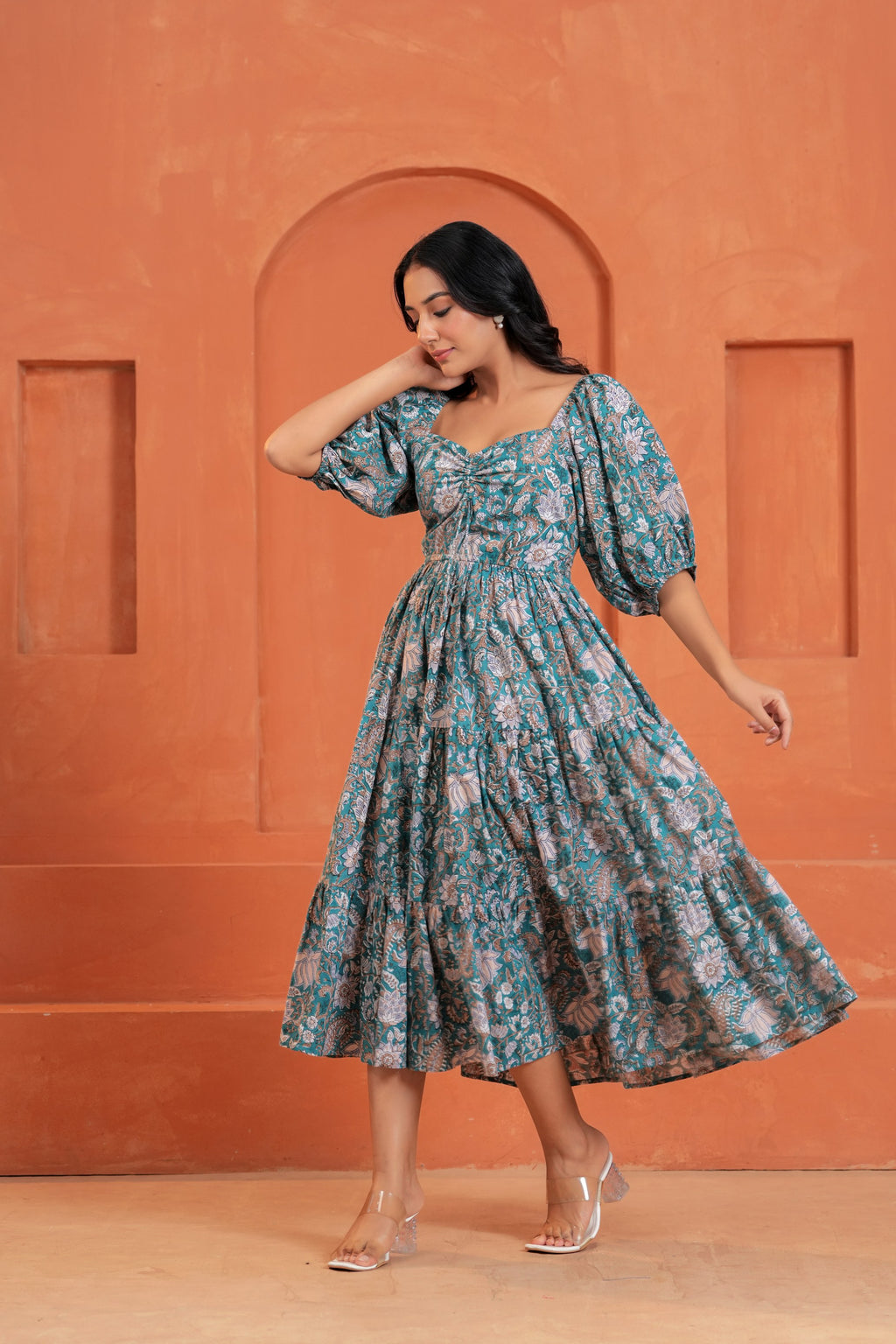 Tara Cotton Floral Hand Block Print Square Neck Midi Dress