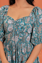 Tara Cotton Floral Hand Block Print Square Neck Midi Dress