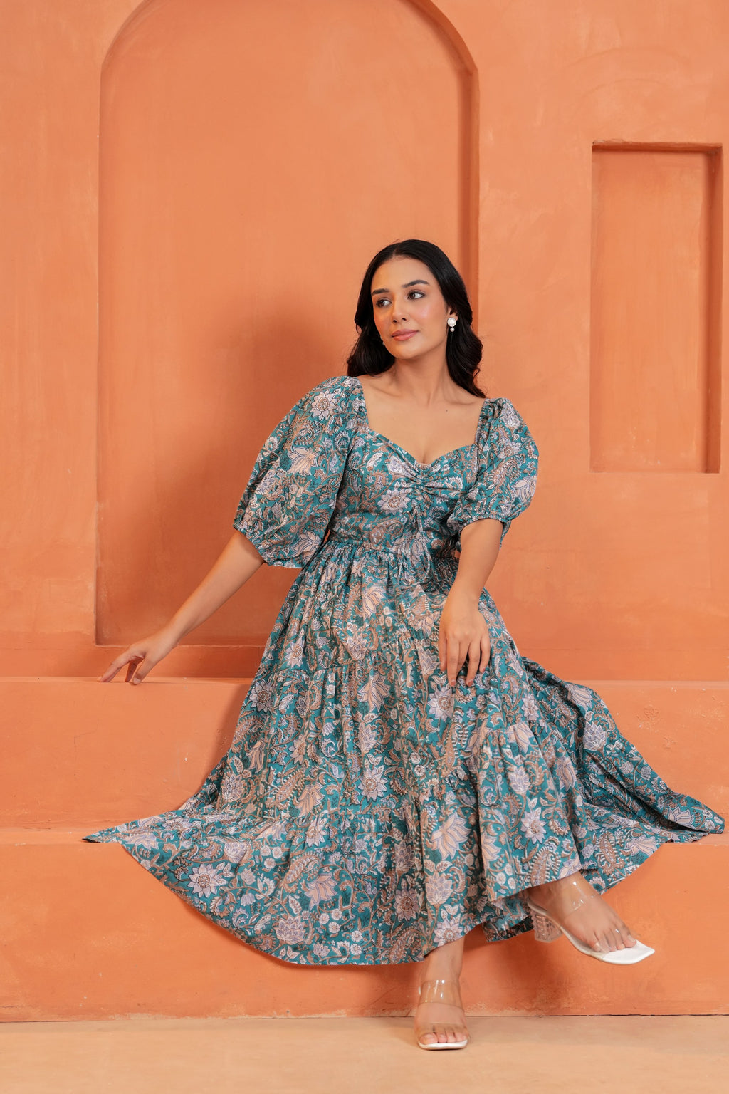 Tara Cotton Floral Hand Block Print Square Neck Midi Dress