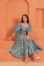 Tara Cotton Floral Hand Block Print Square Neck Midi Dress