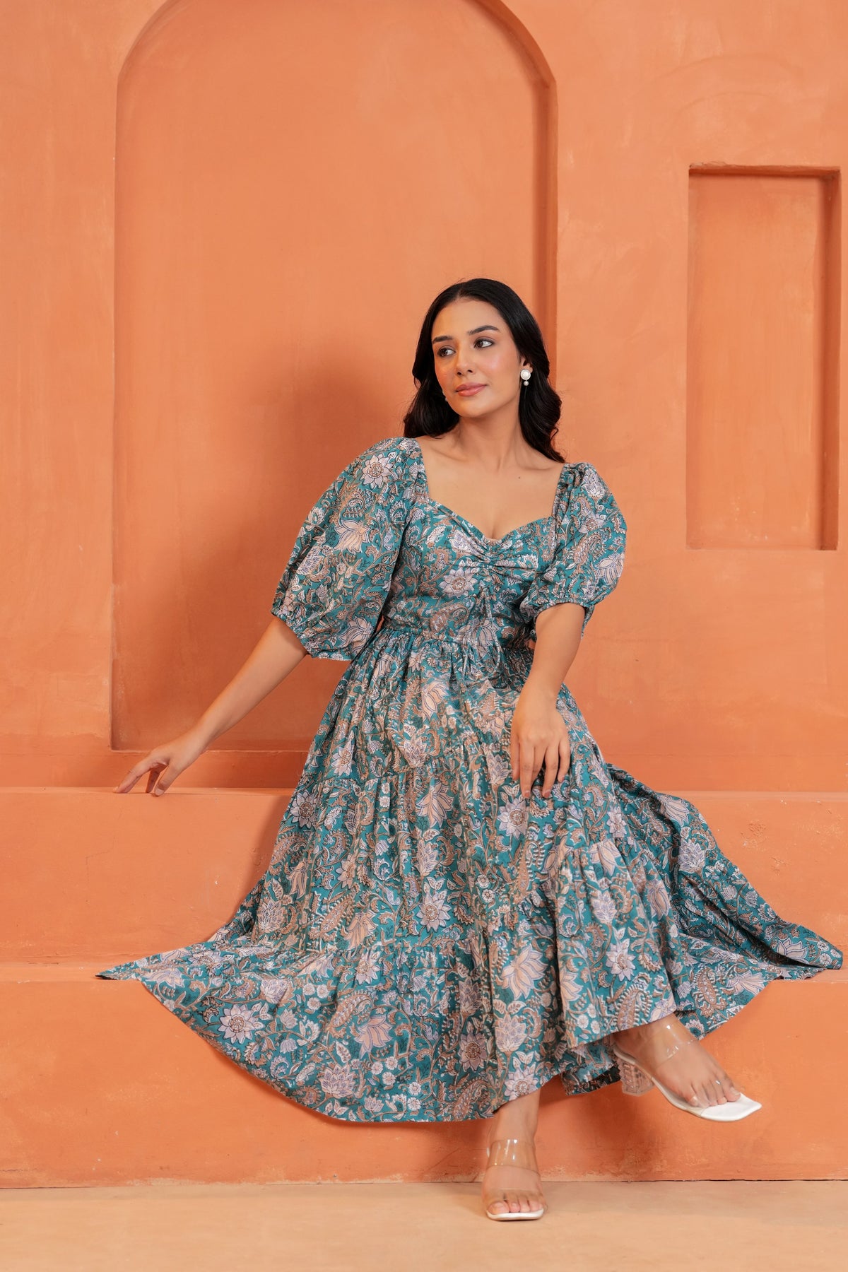 Tara Cotton Floral Hand Block Print Square Neck Midi Dress
