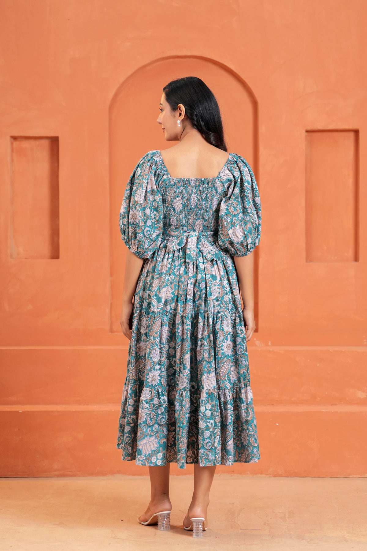 Tara Cotton Floral Hand Block Print Square Neck Midi Dress