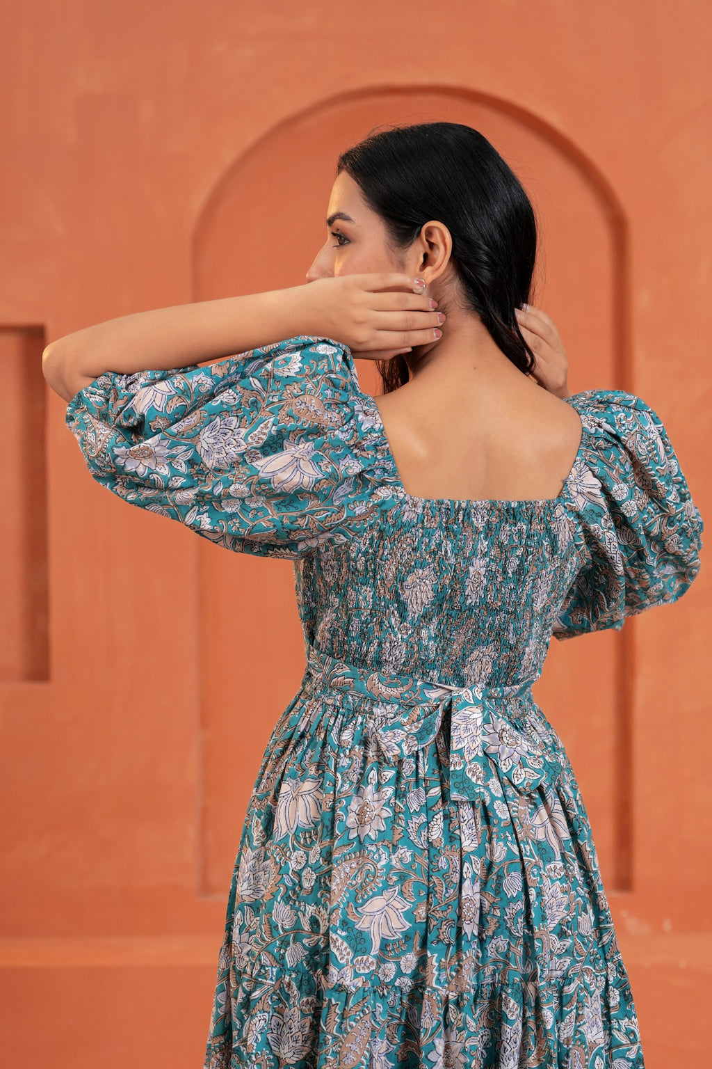 Tara Cotton Floral Hand Block Print Square Neck Midi Dress