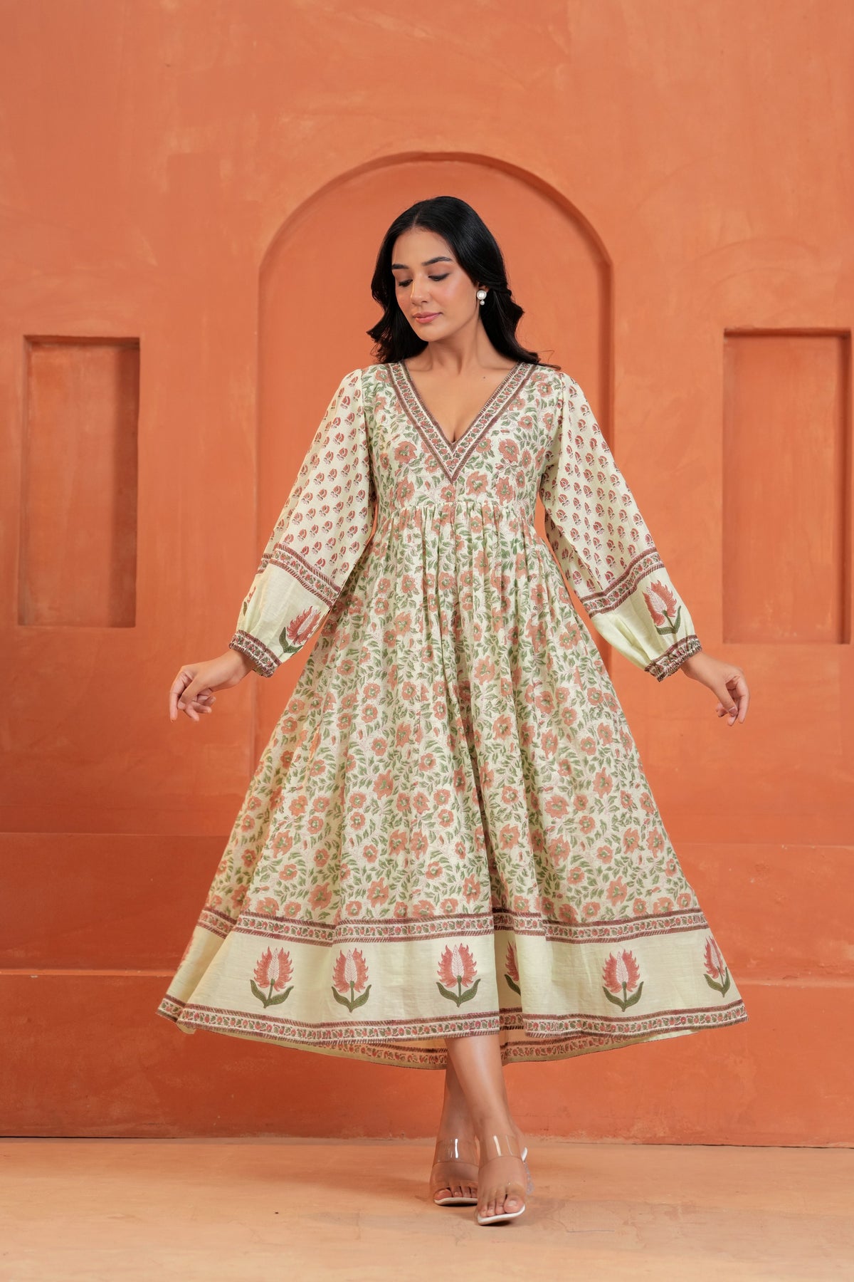 Anaya Cotton Floral Hand Block Print Border Midi Dress