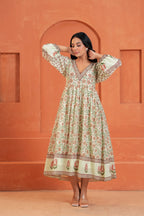 Anaya Cotton Floral Hand Block Print Border Midi Dress