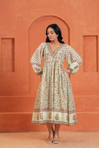 Anaya Cotton Floral Hand Block Print Border Midi Dress