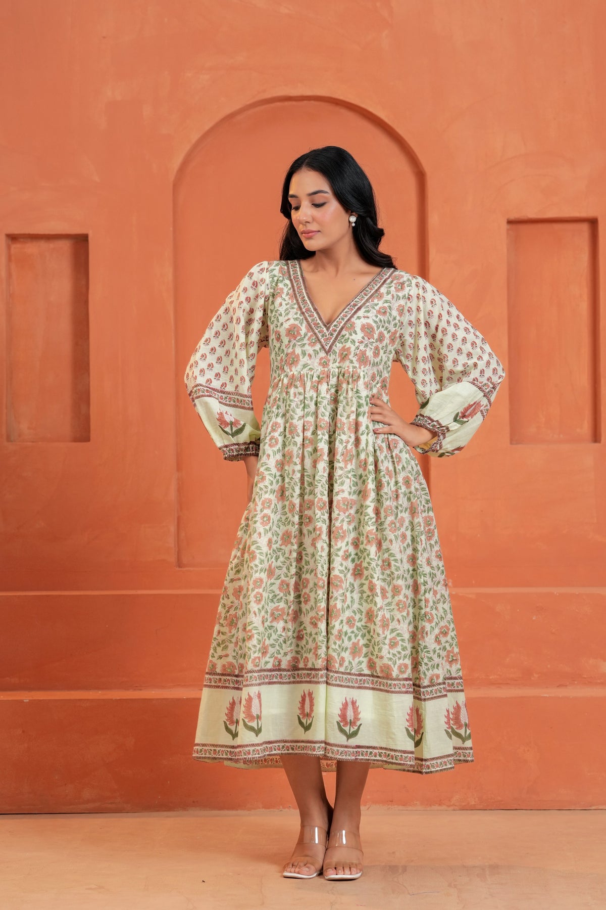 Anaya Cotton Floral Hand Block Print Border Midi Dress
