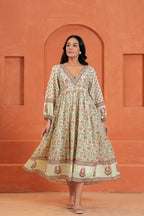 Anaya Cotton Floral Hand Block Print Border Midi Dress