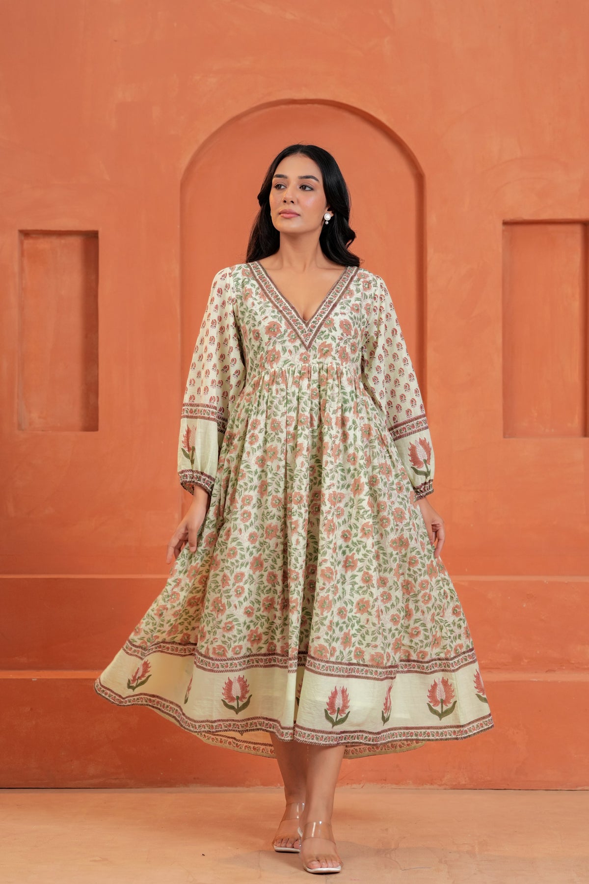 Anaya Cotton Floral Hand Block Print Border Midi Dress