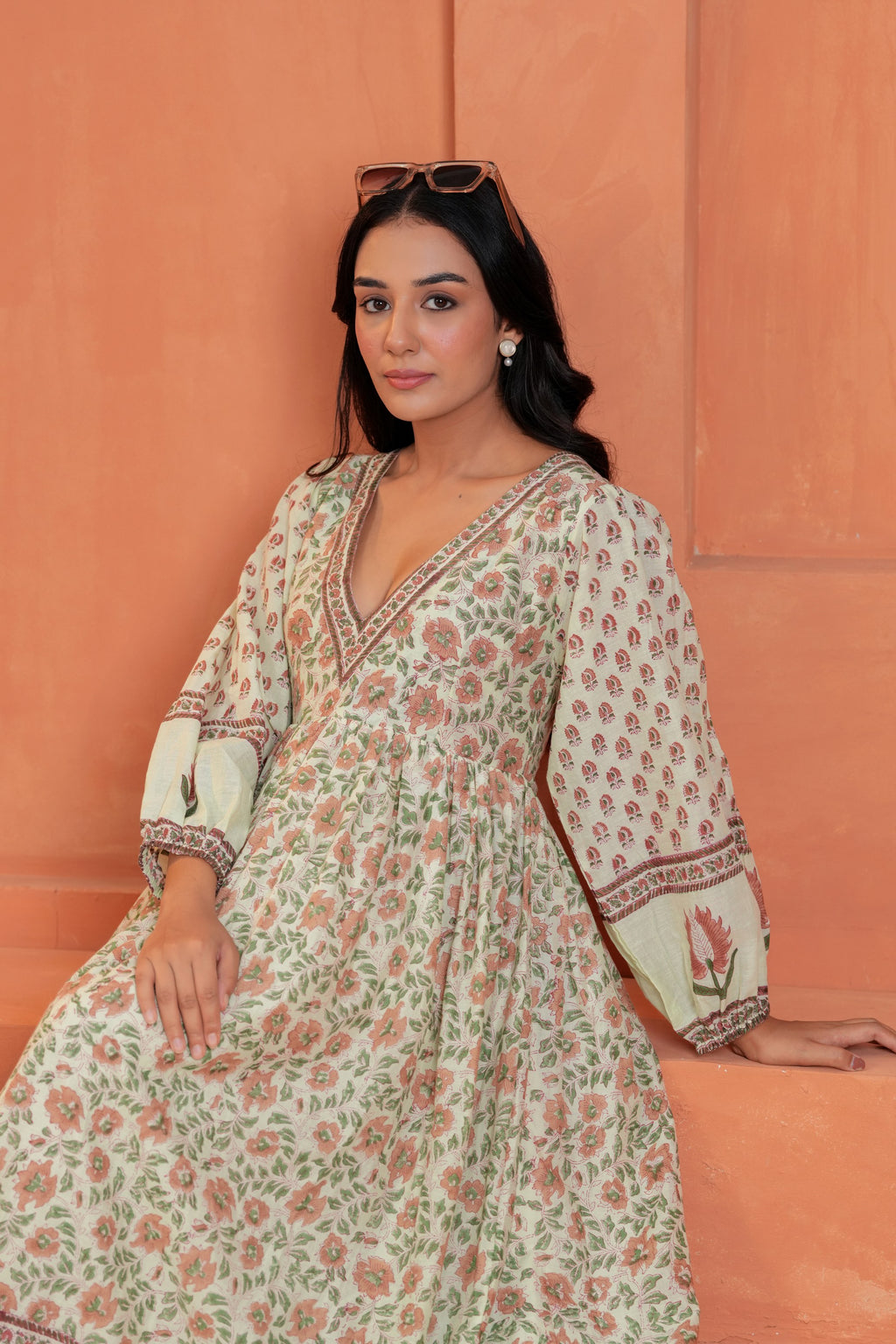Anaya Cotton Floral Hand Block Print Border Midi Dress