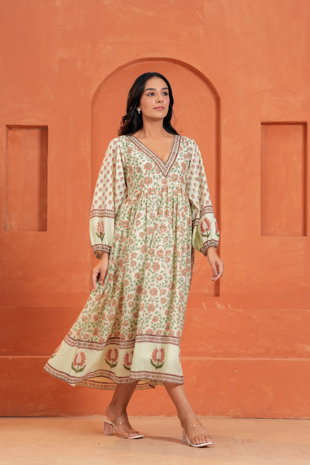Anaya Cotton Floral Hand Block Print Border Midi Dress