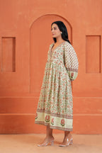 Anaya Cotton Floral Hand Block Print Border Midi Dress