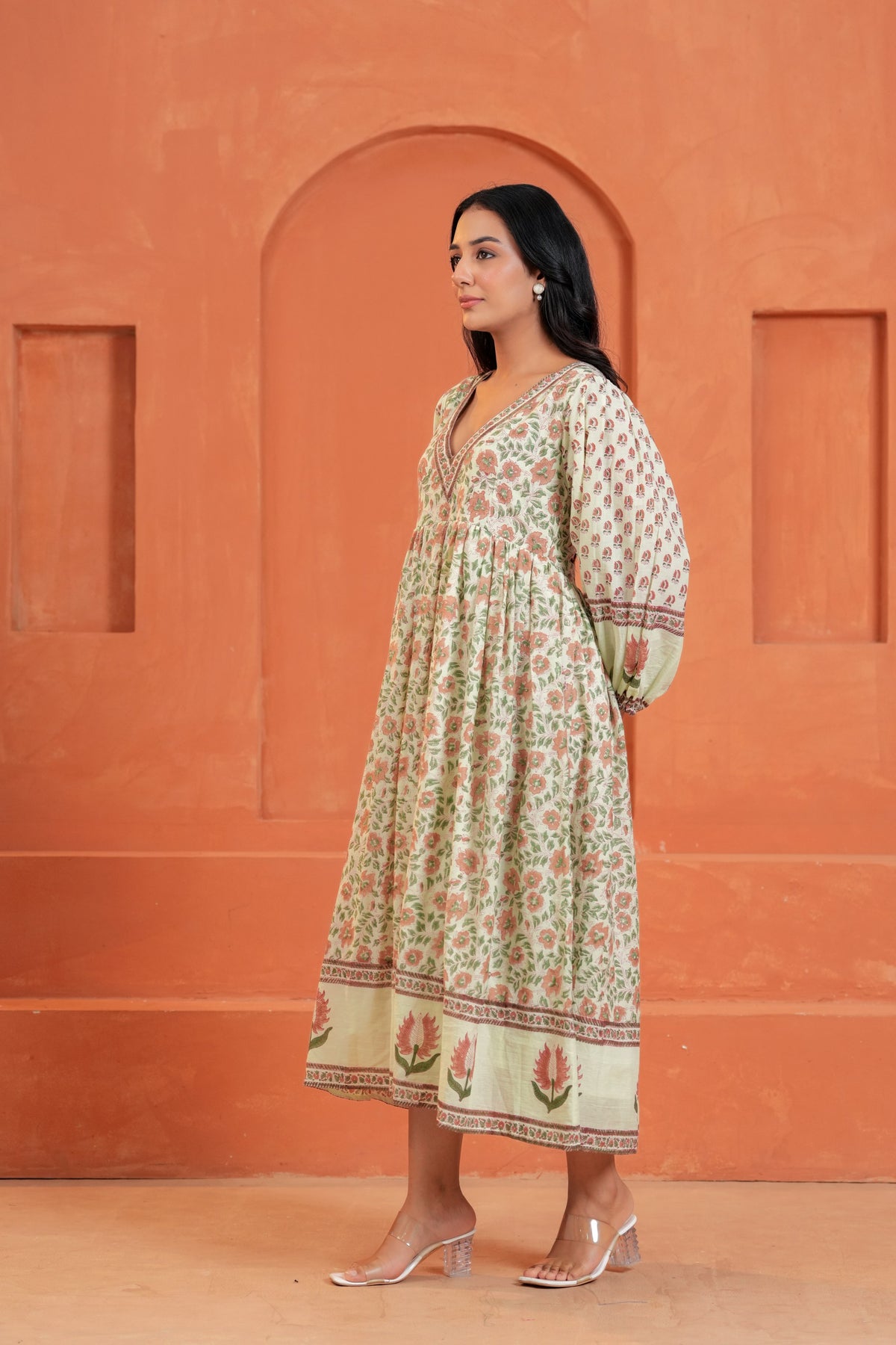 Anaya Cotton Floral Hand Block Print Border Midi Dress