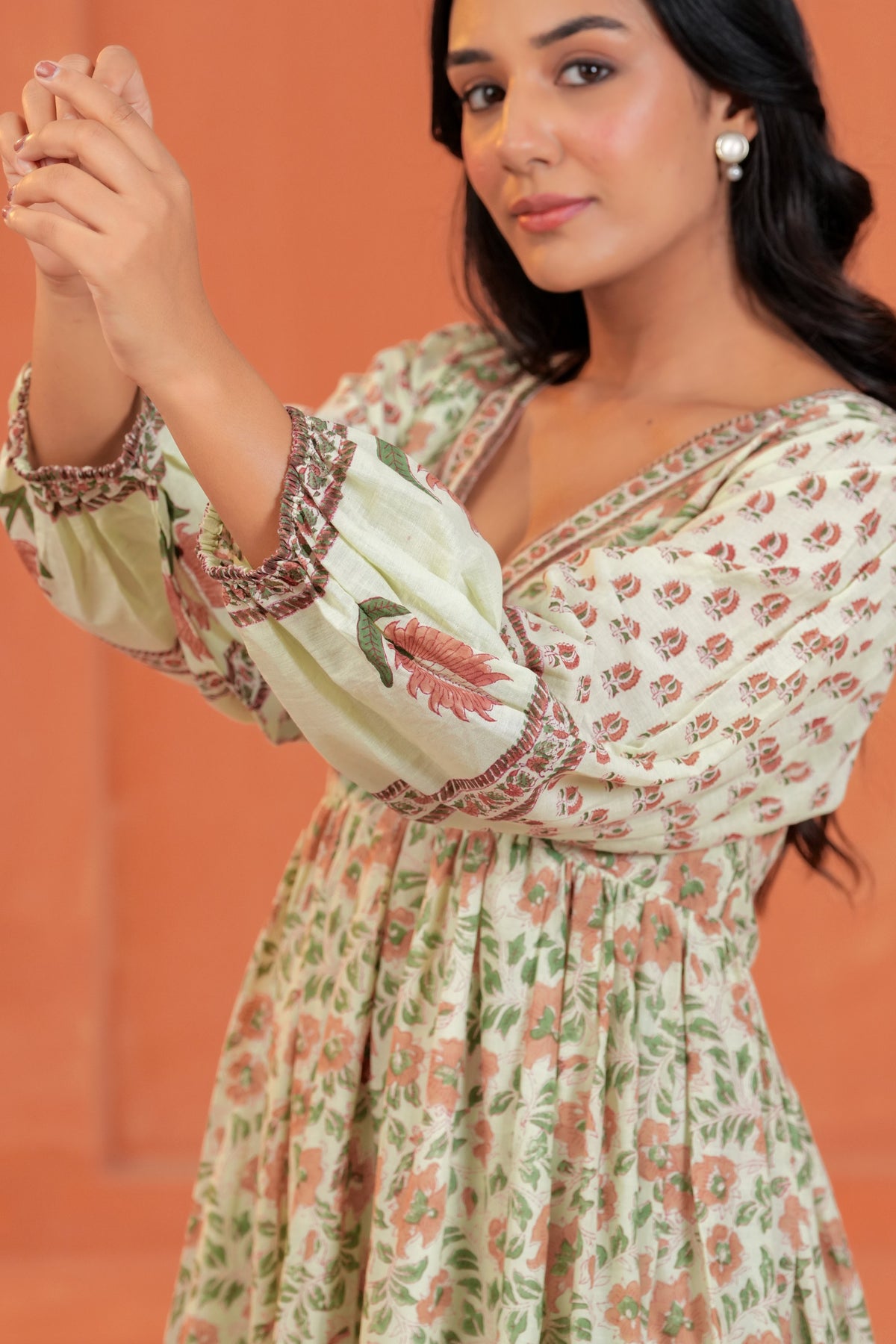 Anaya Cotton Floral Hand Block Print Border Midi Dress