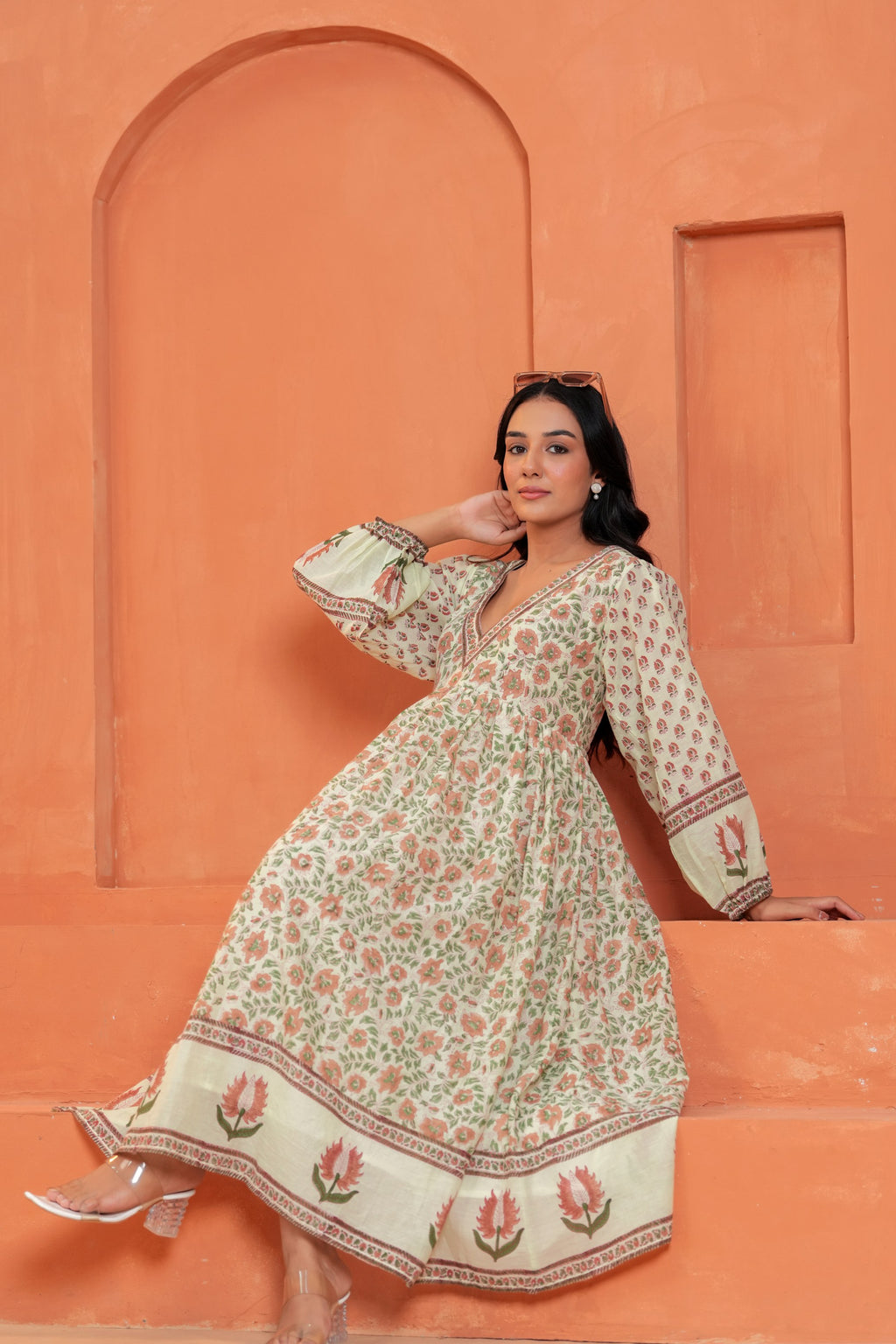 Anaya Cotton Floral Hand Block Print Border Midi Dress