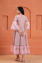 Blossom Cotton Floral Hand Block Print Bell Sleeve Midi Dress