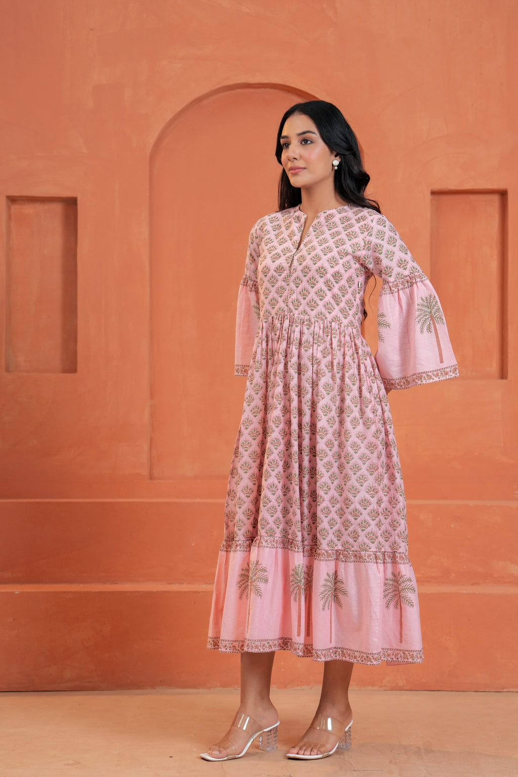 Blossom Cotton Floral Hand Block Print Bell Sleeve Midi Dress