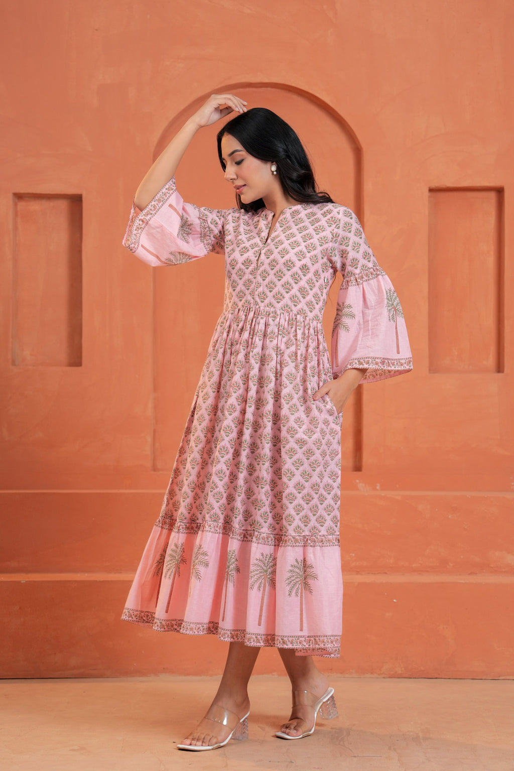 Blossom Cotton Floral Hand Block Print Bell Sleeve Midi Dress