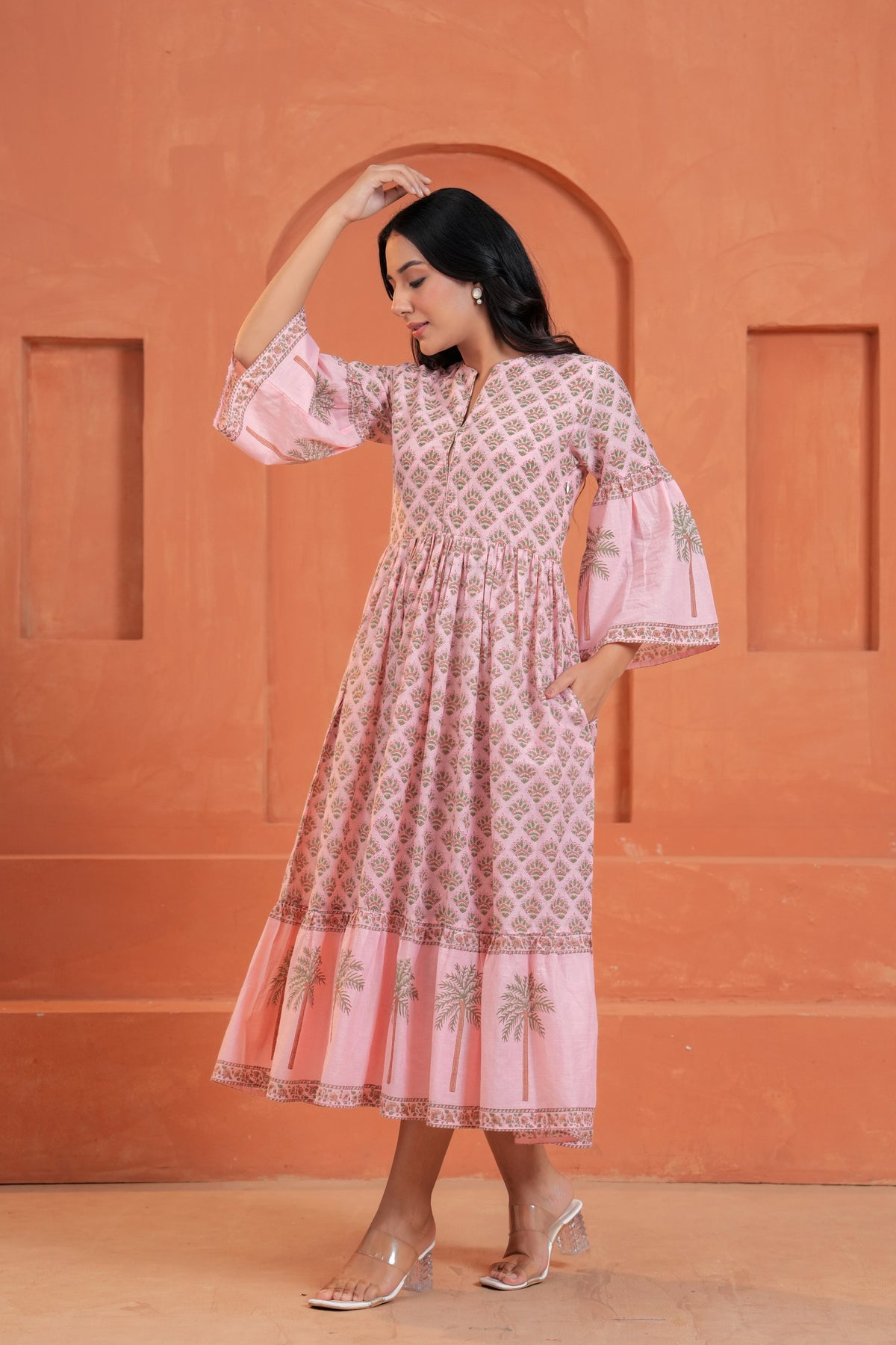 Blossom Cotton Floral Hand Block Print Bell Sleeve Midi Dress