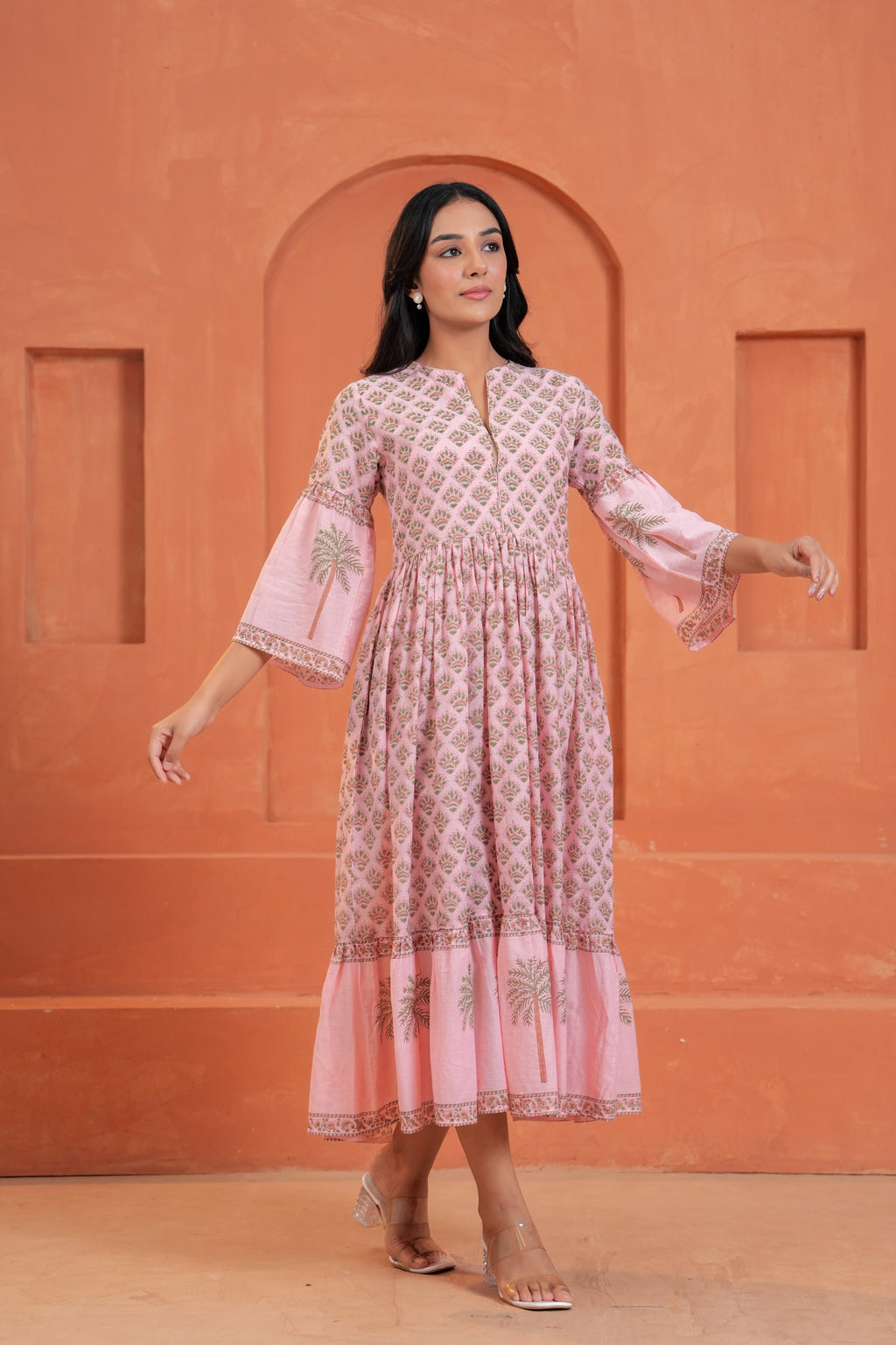 Blossom Cotton Floral Hand Block Print Bell Sleeve Midi Dress