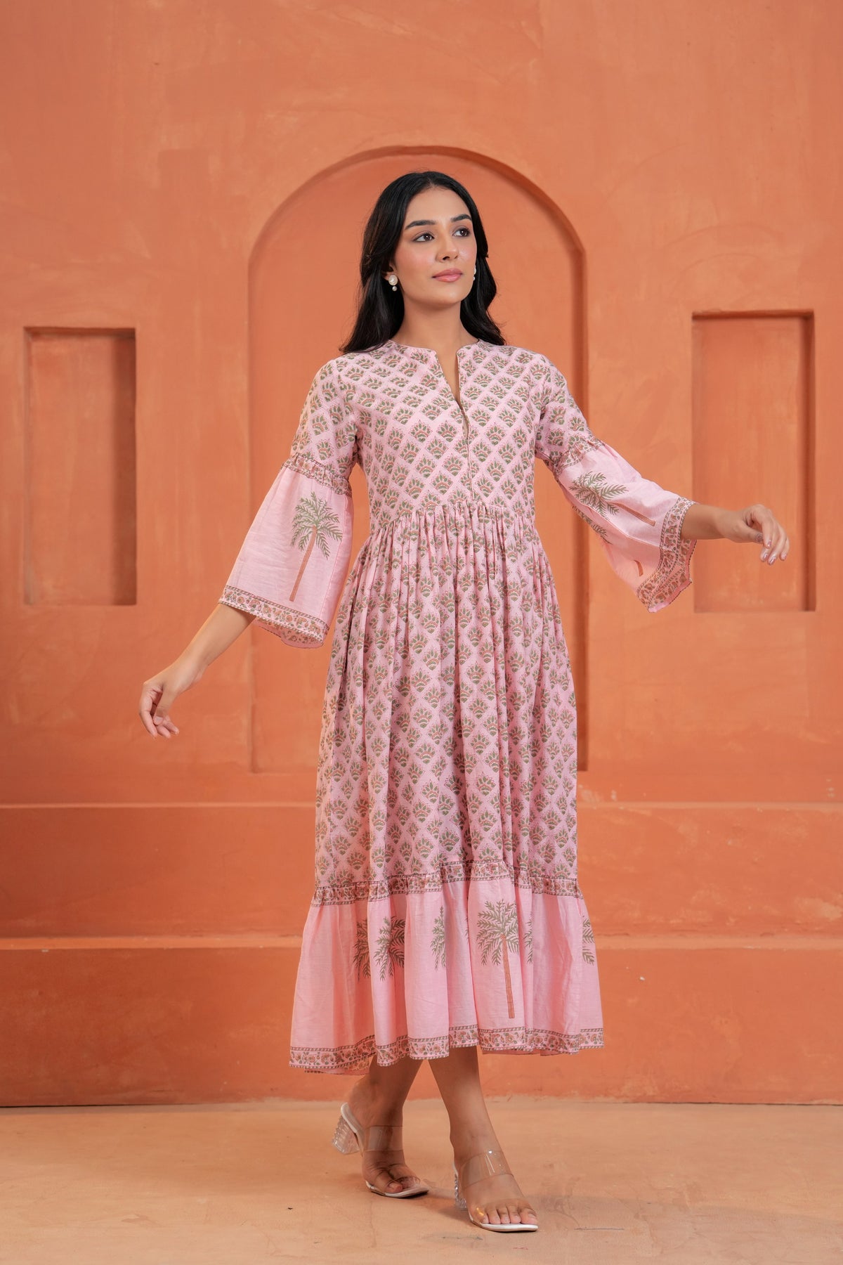 Blossom Cotton Floral Hand Block Print Bell Sleeve Midi Dress